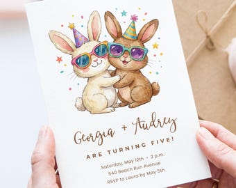 Schattige konijntje verjaardagsuitnodiging sjabloon bewerkbare Canva uitnodiging, kinderen van elke leeftijd Twin Party, grillig konijn Instant Download digitaal