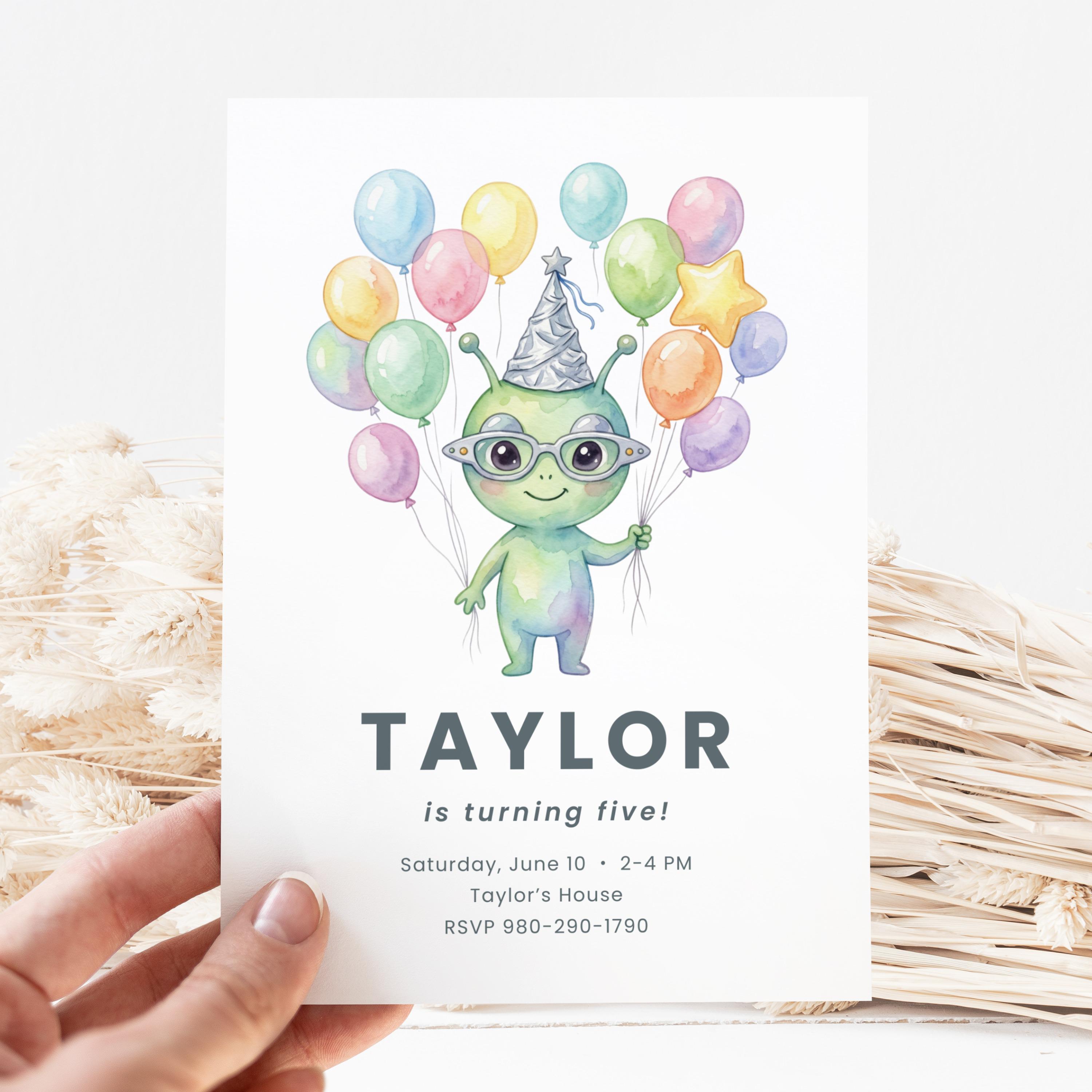Alien Birthday Invitation Canva Template | Editable Watercolor Kids ...