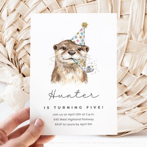 Plantilla de Canva para invitación de cumpleaños de nutria, invitación de fiesta de animales, fiesta de cumpleaños infantil, invitación DIY