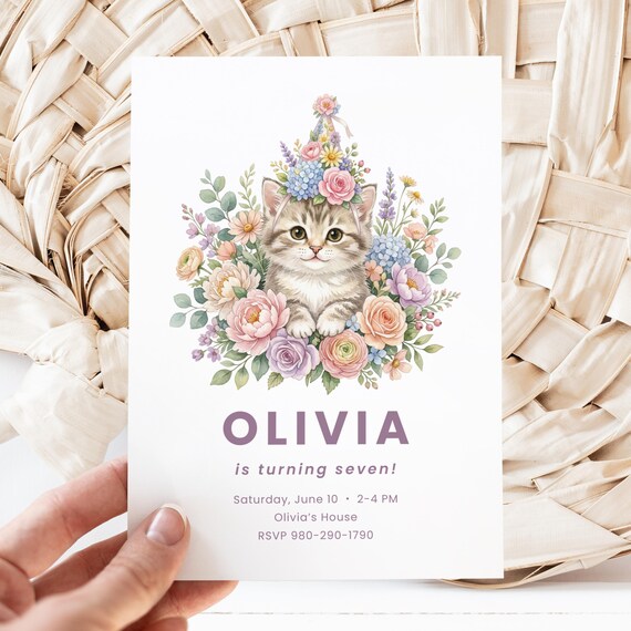 Kitten Birthday Invitation, Watercolor Floral Kitty Party Invite (Digital Download)