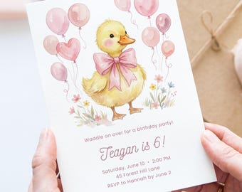 Verjaardagsuitnodiging baby eend, roze ballonnen meisje eerste verjaardagsfeestje uitnodigen, bewerkbare sjabloon, aquarel eendje Canva uitnodigingssjabloon