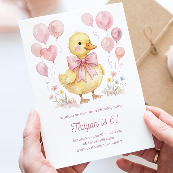 Baby Duck Birthday Invitation, Pink Balloons Girl First Birthday Party Invite, Editable Template, Watercolor Duckling Canva Invite Template