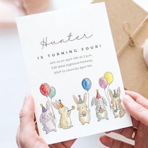 Personalized Birthday Invitation Card, Watercolor Bunnies, Kids Party, Custom Age and Name