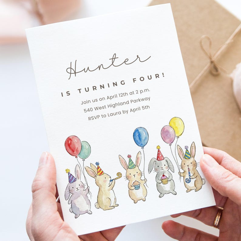 Personalized Birthday Invitation Card, Watercolor Bunnies, Kids Party, Custom Age and Name
