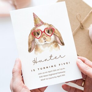 Cute Bunny Birthday Invitation Card, Watercolor Rabbit with Glasses and Party Hat, Customizable Kids Party Invite
