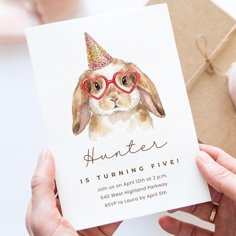 Cute Bunny Birthday Invitation Card, Watercolor Rabbit with Glasses and Party Hat, Customizable Kids Party Invite