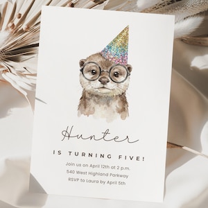 Otter Birthday Canva Invite Template, Watercolor Animal Party Invitation, Editable Kids Party Template, Glasses and Hat