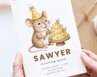Bewerkbare verjaardagsuitnodiging muis, thema aquarel cheesecake (digitale download)