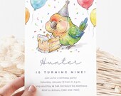 Bird Birthday Party Invitation, Parrot Canva Invite Template, Cake, Confetti, Watercolor, Cute Animal, Kids Birthday, Printable, Editable