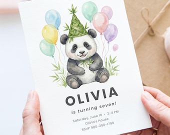 Panda verjaardagsuitnodiging sjabloon, aquarel dierenfeest, eerste verjaardagsuitnodiging (digitale download)