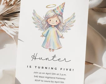 Mall för Canva-inbjudan för ängelfödelsedag, flickfödelsedagsinbjudan, redigerbar mall för ängelfest, inbjudan till akvarellängel, gör-det-själv