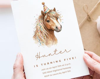 Horse Birthday Invitation Canva Template, Watercolor Pony Party Invite, Printable Horse Invite Template, Girl Horse Theme Party