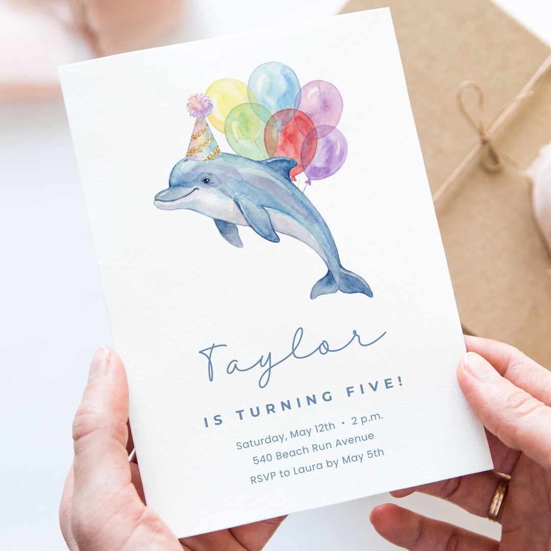 Editable Dolphin Birthday Invitation Template, Watercolor Ocean Party ...