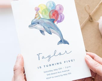 Sjabloon bewerkbare dolfijn verjaardagsuitnodiging, aquarel oceaan feestuitnodiging voor kinderen, digitale download canva, eerste verjaardag