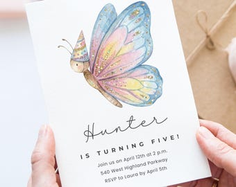 Vlinder verjaardag Canva uitnodigingssjabloon, aquarel meisje verjaardagsfeestje, bewerkbare vlinder feestuitnodiging, eerste verjaardag