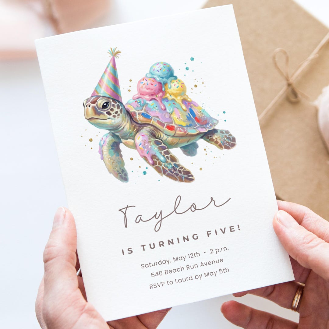 Sea Turtle Birthday Invitation Template Editable Canva, Kids Ice Cream ...