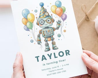 Robot verjaardagsuitnodiging sjabloon bewerkbaar canva, grillige aquarel robot kinderfeestje uitnodiging digitale download, jongen meisje verjaardagsuitnodiging