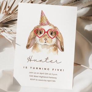 Cute Bunny Birthday Invitation Card, Kids Party, Watercolor Rabbit with Glasses, Personalized Event Details