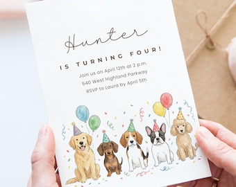 Aquarel hond verjaardag Canva uitnodigingssjabloon, bewerkbaar huisdier puppyfeestje, jongen meisje verjaardag, digitale uitnodiging