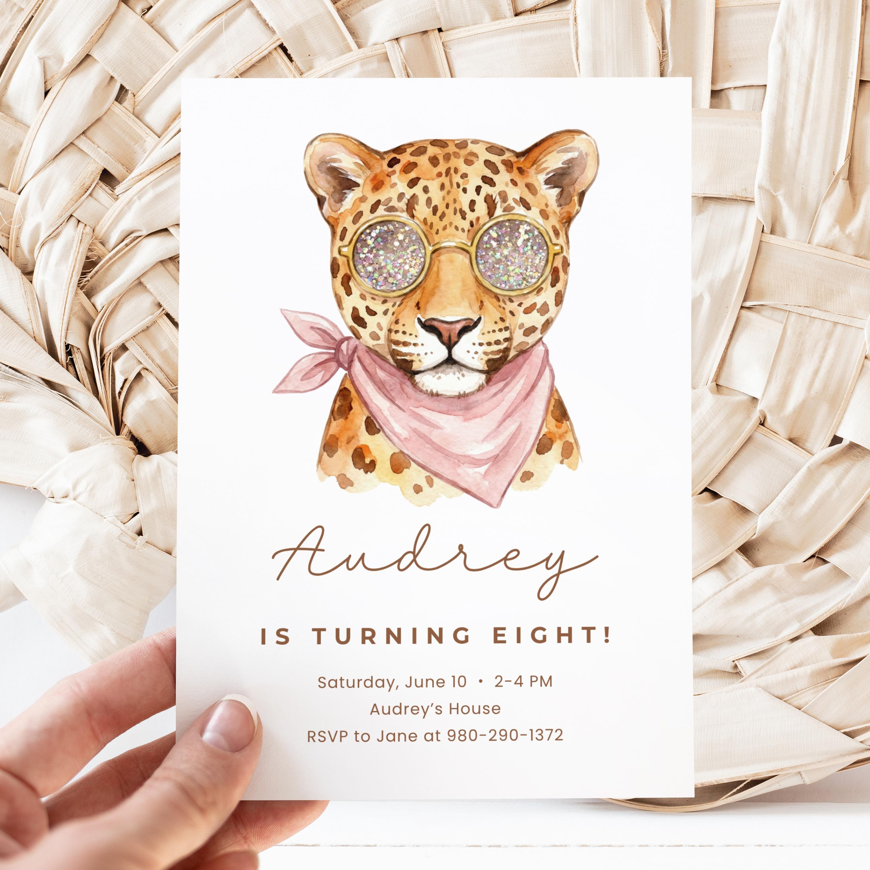 Leopard Birthday Party Invitation Template, Glitter Sunglasses Safari ...