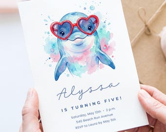 Aquarel dolfijn verjaardagsuitnodiging bewerkbare canvas uitnodigingssjabloon | Schattig oceaanzwembadfeest voor meisjes, kinderen, digitale download