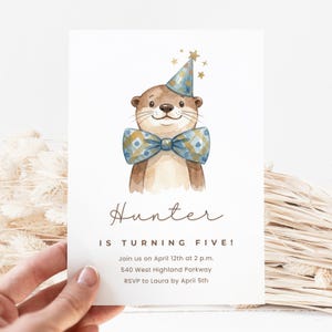 Otter Birthday Canva Invite Template, Cute Watercolor Animal Party, Editable Digital Invitation, Customizable Party