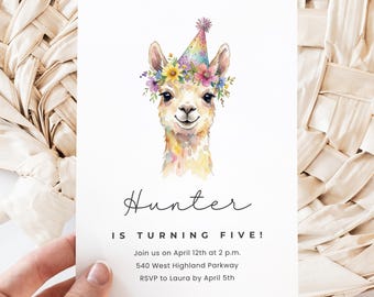 Llama Birthday Invitation, Canva Invite Template, Watercolor Party Invite, Editable Template, Floral Llama Party Invitation