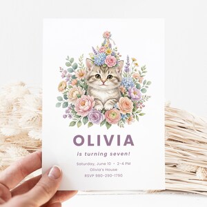 Cute kitten birthday invitation for Olivia turning seven.