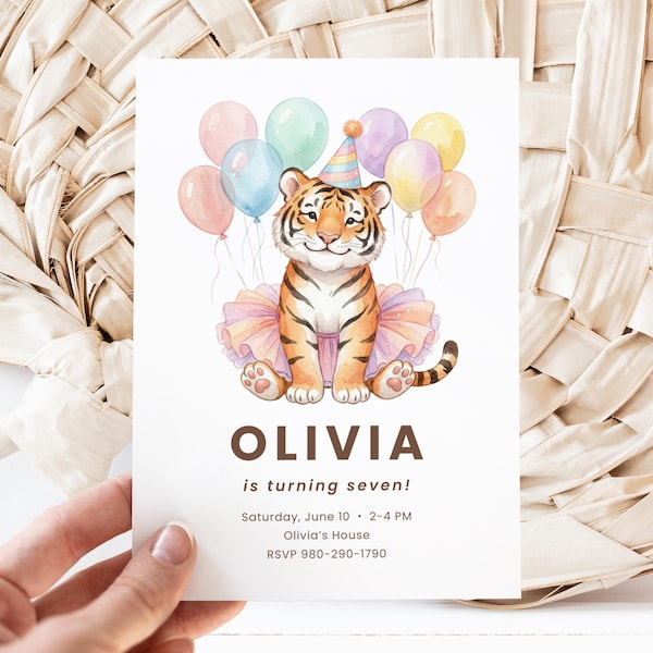 Invitación de cumpleaños con diseño de tigre en acuarela, invitación para fiesta de niña con tutú en tonos pastel (descarga digital)