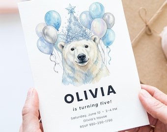 IJsbeer verjaardag Canva uitnodigingssjabloon, Winter Wonderland Kids Party-uitnodiging, digitaal downloadbaar pooldierenthema