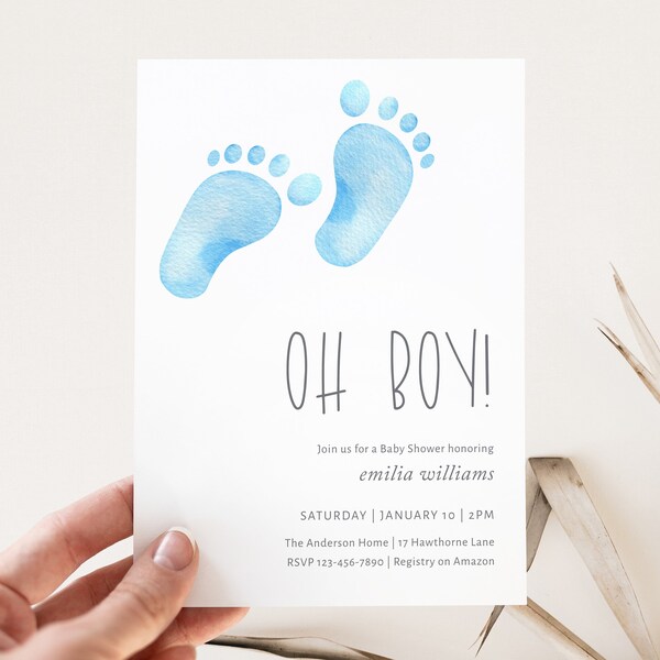 Oh Boy! Blue Footprints Baby Shower Invitation, Printable Editable CORJL Template, Blue Watercolor Footprints, It's a Boy! Little Man, BF55