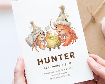 Heremietkreeften verjaardagsuitnodiging, aquarel kustfeest uitnodiging (digitale download)