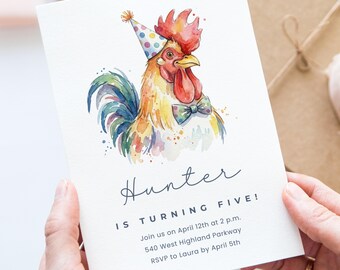 Watercolor Rooster Birthday Canva Invitation Template, Farm Animal Party