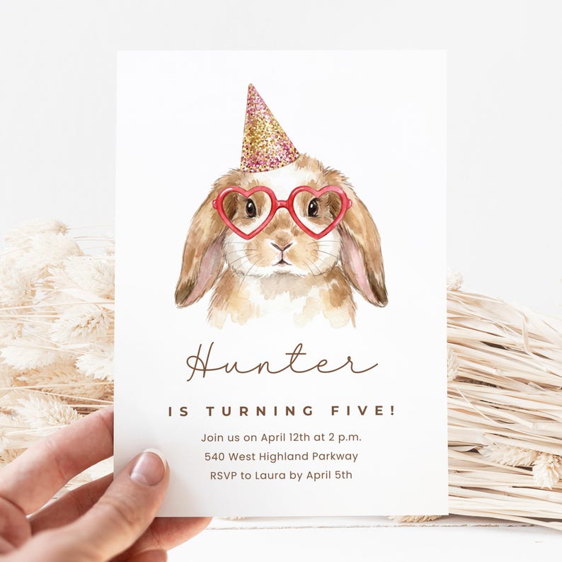 Customizable Birthday Invitation Card, Cute Rabbit with Glasses and Party Hat, Kids Party Invite