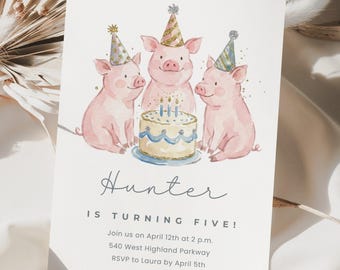 May include: A birthday invitation featuring three pink pigs wearing party hats, gathered around a cake with lit candles. The invitation reads "Hunter is turning five!" and includes event details.