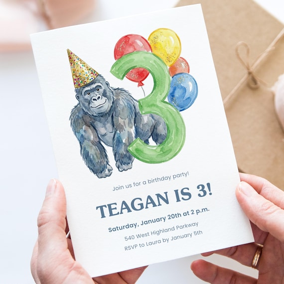 Gorilla 3rd Birthday Canva Invite, Wild Three Party Template, Editable Third Birthday Invitation, Animal Theme Birthday Printable