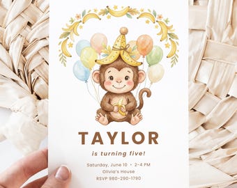 Verjaardagsuitnodiging aap | Thema aquarel jungle safari (digitale download)