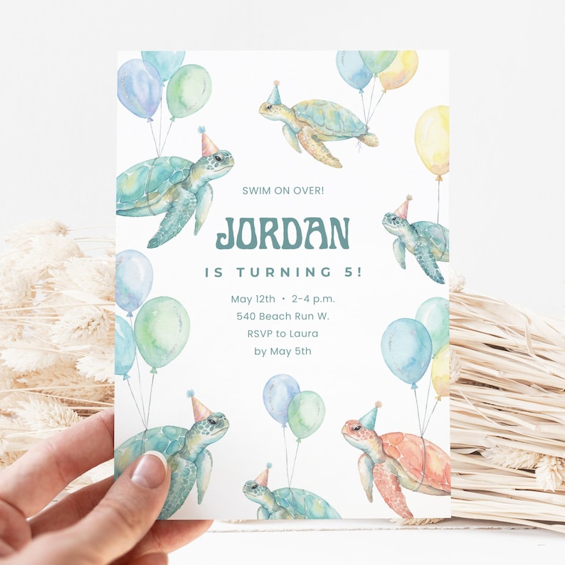 Birthday invitation for Jordan's 5th with sea turtles and balloons.