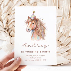 Watercolor horse with party hat on a birthday invitation for Audrey's eighth birthday.