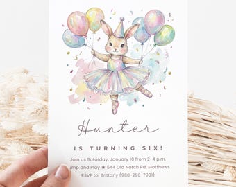 Ballerina Bunny Birthday Canva Invite Template, Rabbit Balloons Party Printable Editable Template, Kids Birthday Invitation