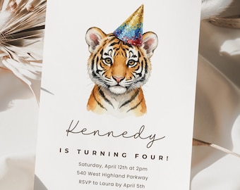 May include: White invitation card featuring a watercolor illustration of a tiger cub wearing a party hat. The text reads "Kennedy IS TURNING FOUR!" with event details below. A charming design for a birthday celebration.