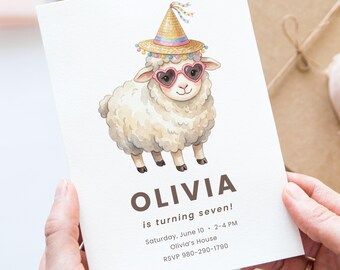 Aquarel schapen verjaardagsuitnodiging, boho lam feestuitnodiging (digitale download)