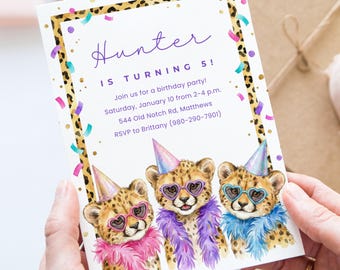 Cheetah verjaardag Canva uitnodigingssjabloon, luipaardprint uitnodigen, jaren 90 feest, online bewerken, verjaardag meisjes of jongens, digitale download