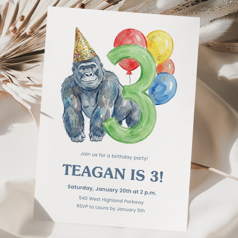 Gorilla 3e verjaardag Canva Invite, Wild Three Party-sjabloon, bewerkbare derde verjaardagsuitnodiging, dier thema verjaardag afdrukbare afbeelding 4