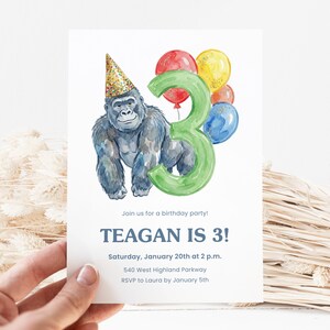 Gorilla 3e verjaardag Canva Invite, Wild Three Party-sjabloon, bewerkbare derde verjaardagsuitnodiging, dier thema verjaardag afdrukbare afbeelding 2