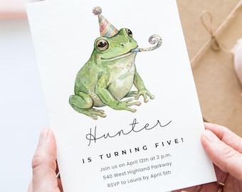 Uitnodigingssjabloon voor verjaardagsfeestje aquarel kikker, paddenstoel