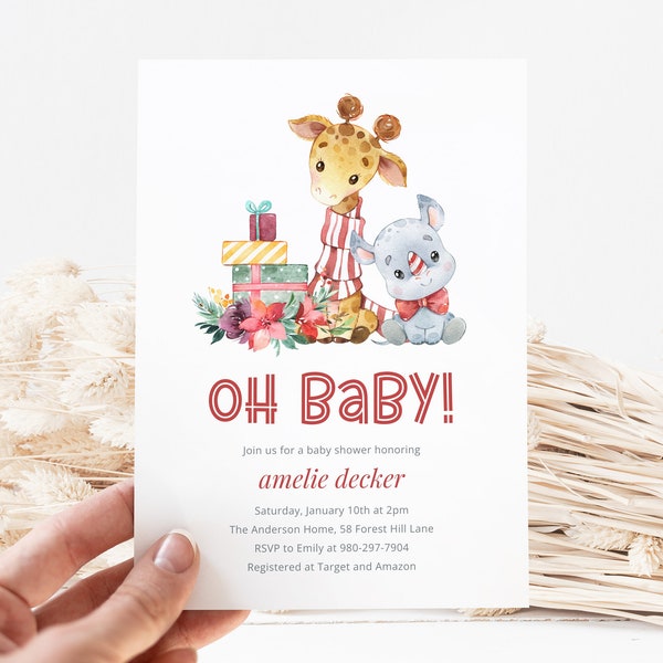 Christmas Baby Shower Invitation, Giraffe and Rhinoceros Invite, Printable Editable CORJL Template, Jungle Safari Animals, Candy Cane