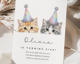 Kitty Birthday Party Invite Canva Template, Watercolor Cat Invitation, Kitten Birthday Invite, Digital Download, Editable Template