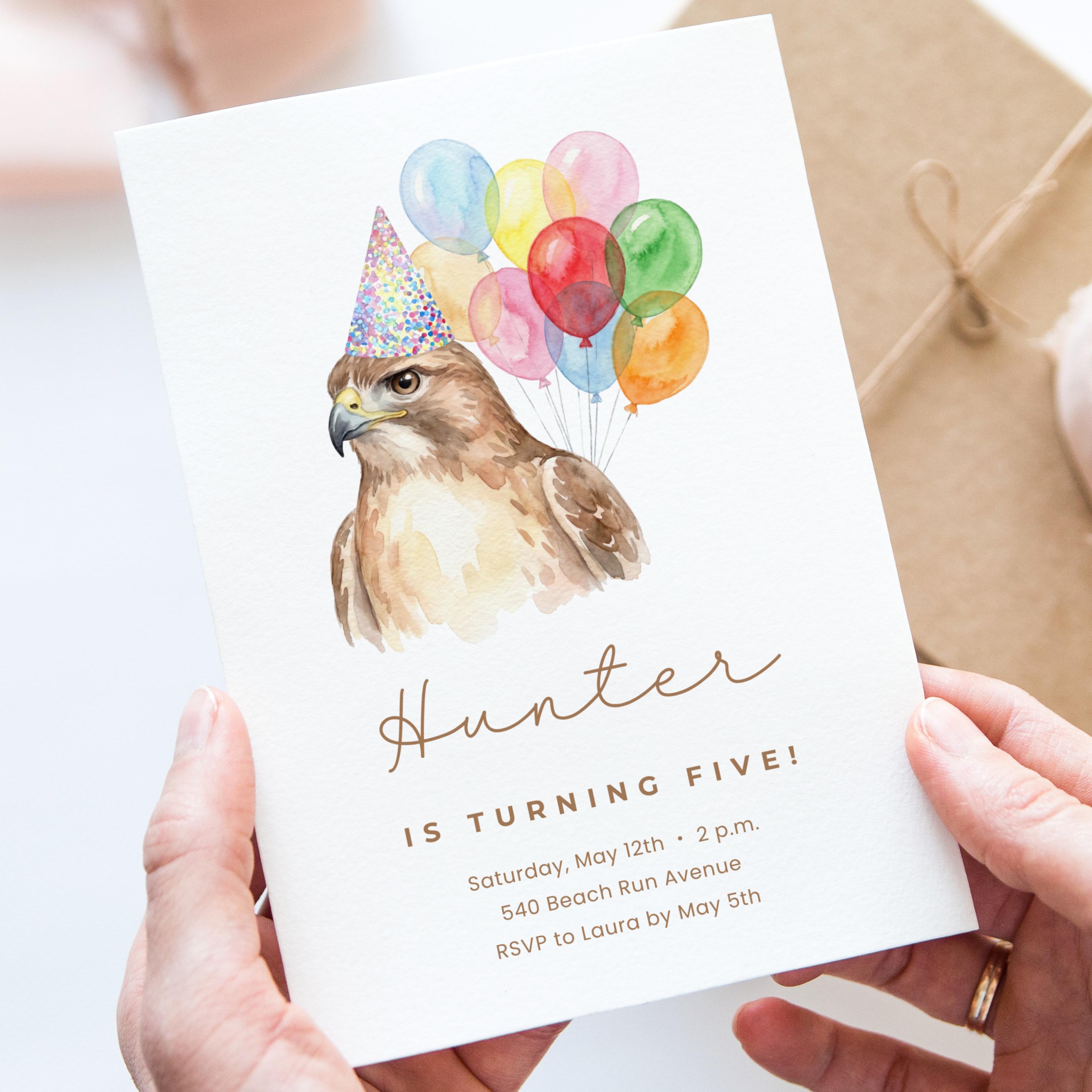 Hawk Birthday Invite Template, Editable Watercolor Falcon Kids Party ...