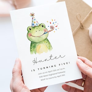 Personalized Frog Birthday Invitation Card, Kids Party, Watercolor Frog Design, Custom Name and Age